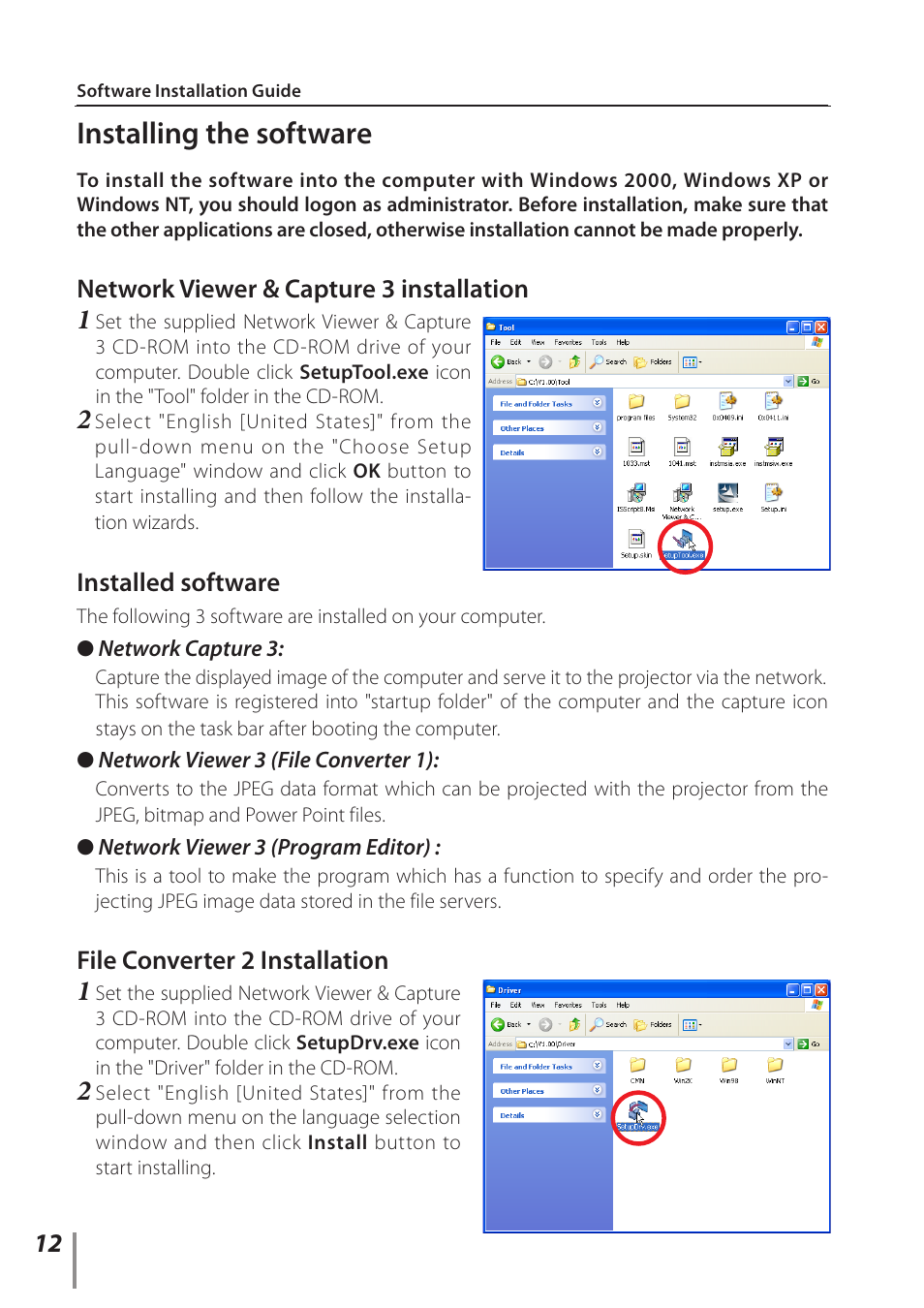 Installing the software, Network viewer & capture 3 installation, Installed software | File converter 2 installation | Eiki PJNET-30 User Manual | Page 12 / 14
