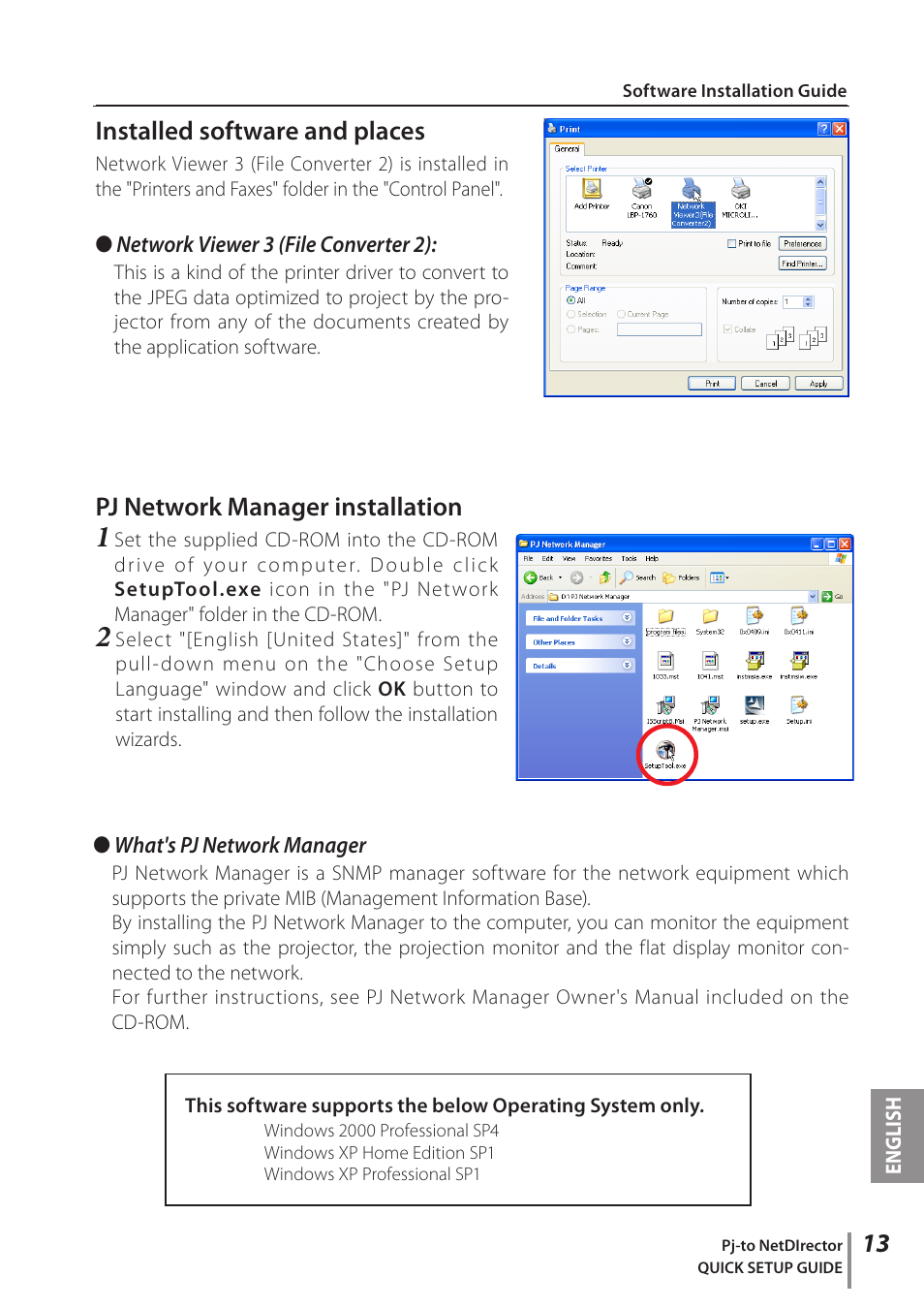 Installed software and places, Pj network manager installation | Eiki PJNET-30 User Manual | Page 13 / 14