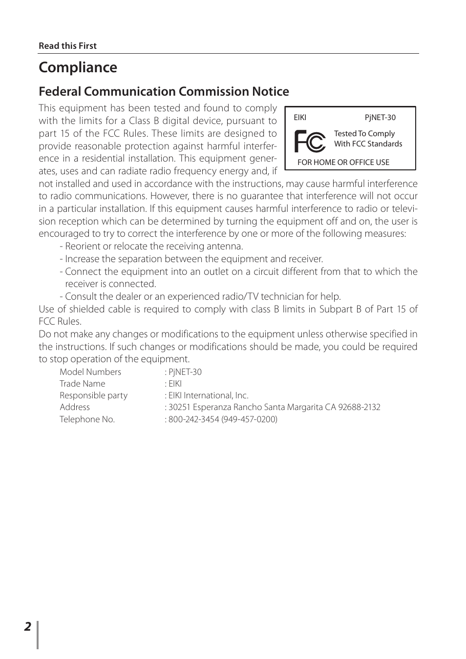 Compliance, Federal communication commission notice | Eiki PJNET-30 User Manual | Page 2 / 14