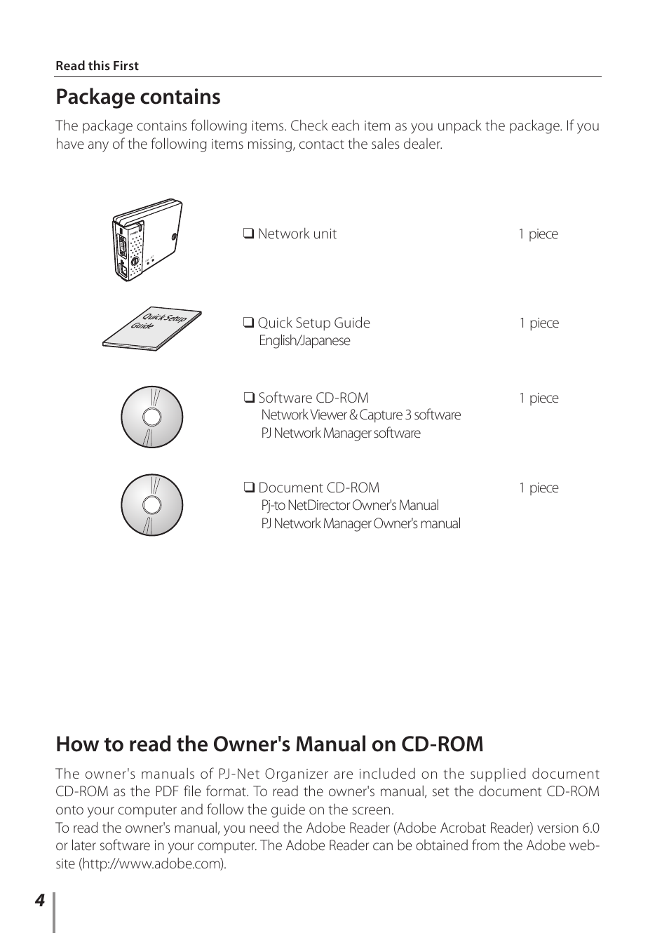 Package contains, How to read the owner's manual on cd-rom | Eiki PJNET-30 User Manual | Page 4 / 14