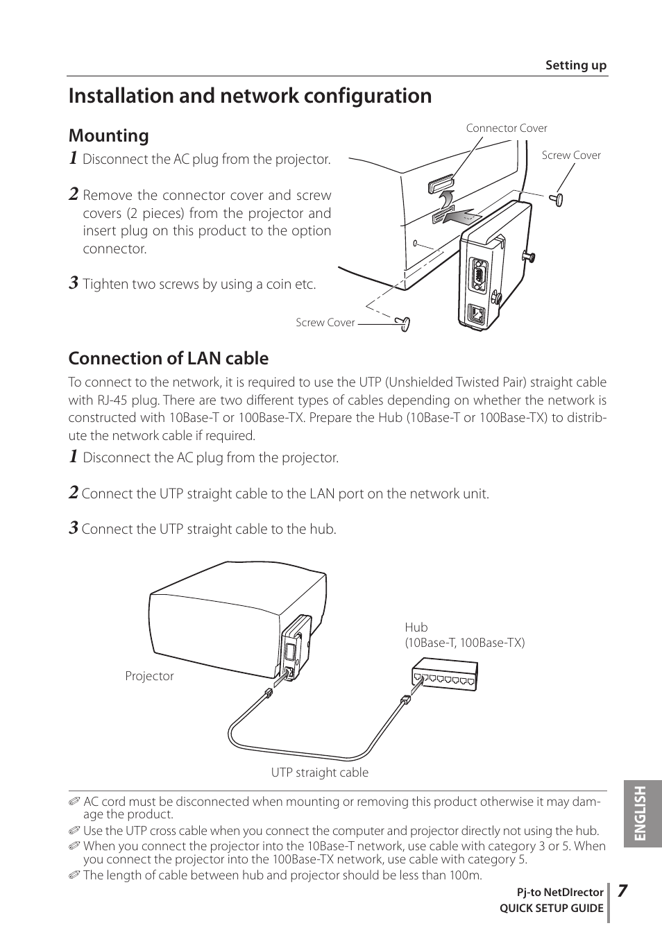 Installation and network configuration, Mounting, Connection of lan cable | Eiki PJNET-30 User Manual | Page 7 / 14