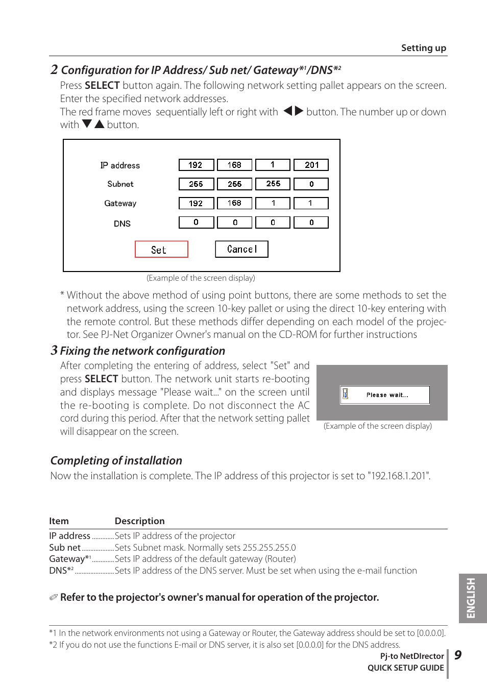 Configuration for ip address/ sub net/ gateway, Fixing the network configuration, Completing of installation | Eiki PJNET-30 User Manual | Page 9 / 14