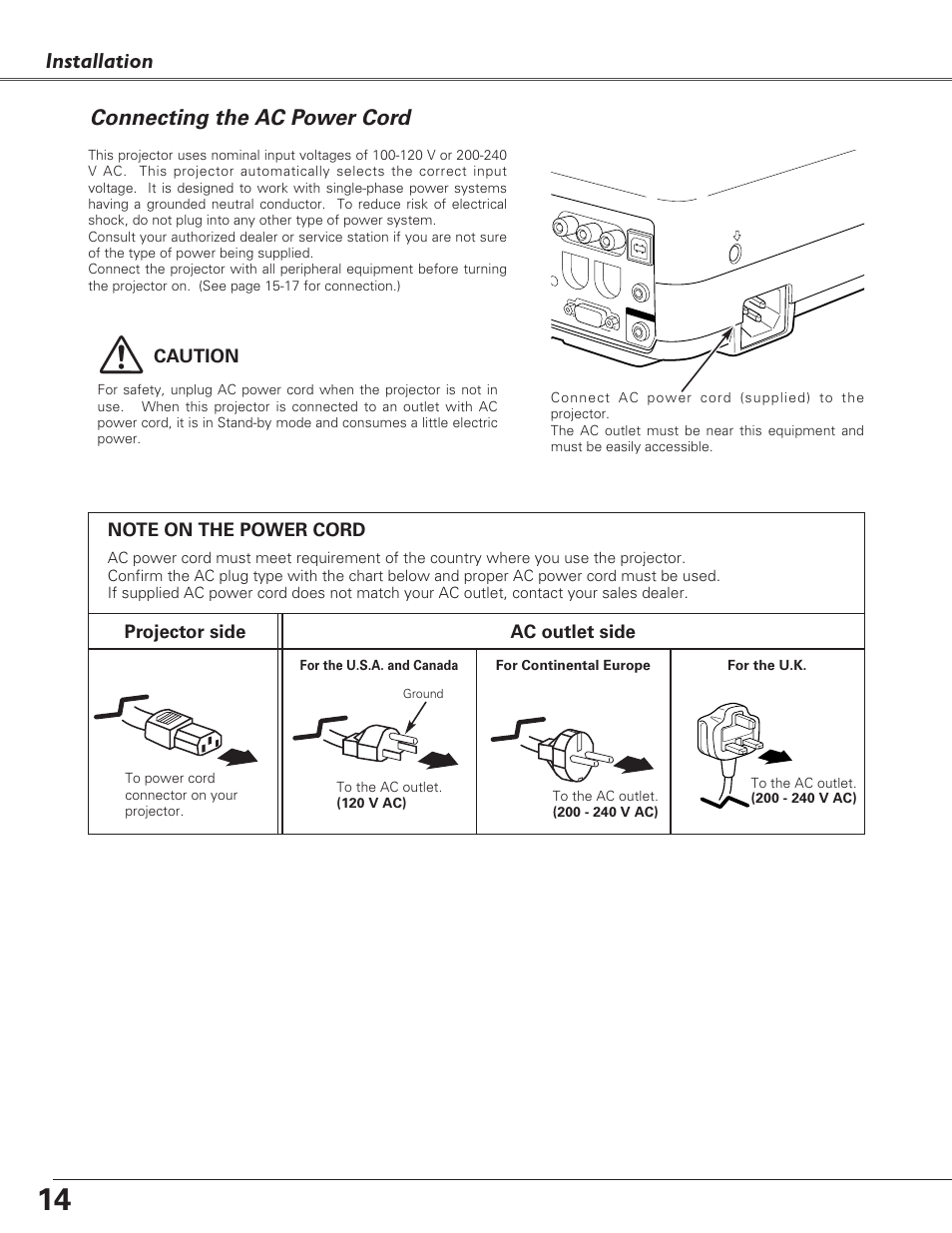 Connecting the ac power cord, Installation | Eiki LC-XB23C User Manual | Page 14 / 64