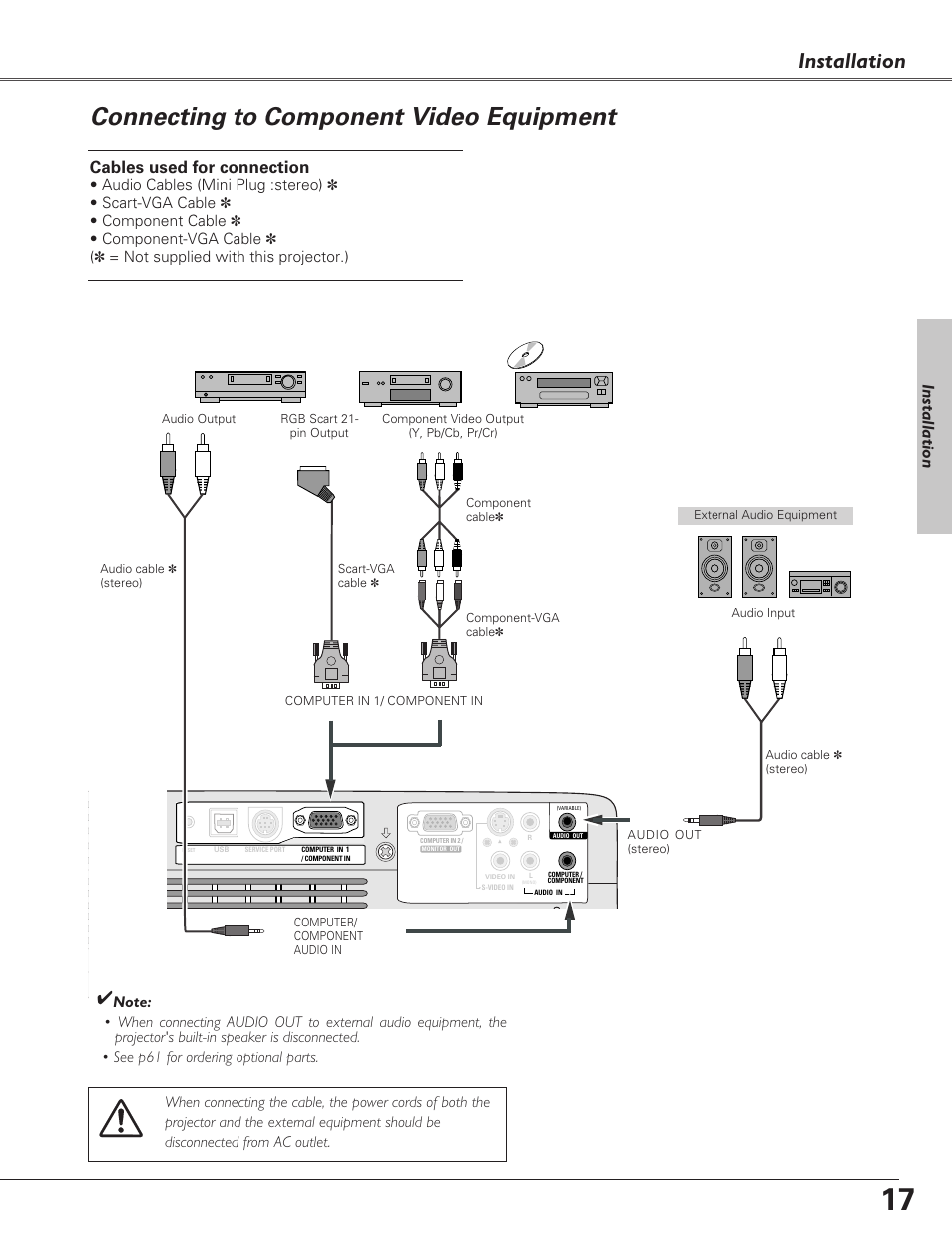 Connecting to component vide, Connecting to component video equipment, Installation | Cables used for connection | Eiki LC-XB23C User Manual | Page 17 / 64