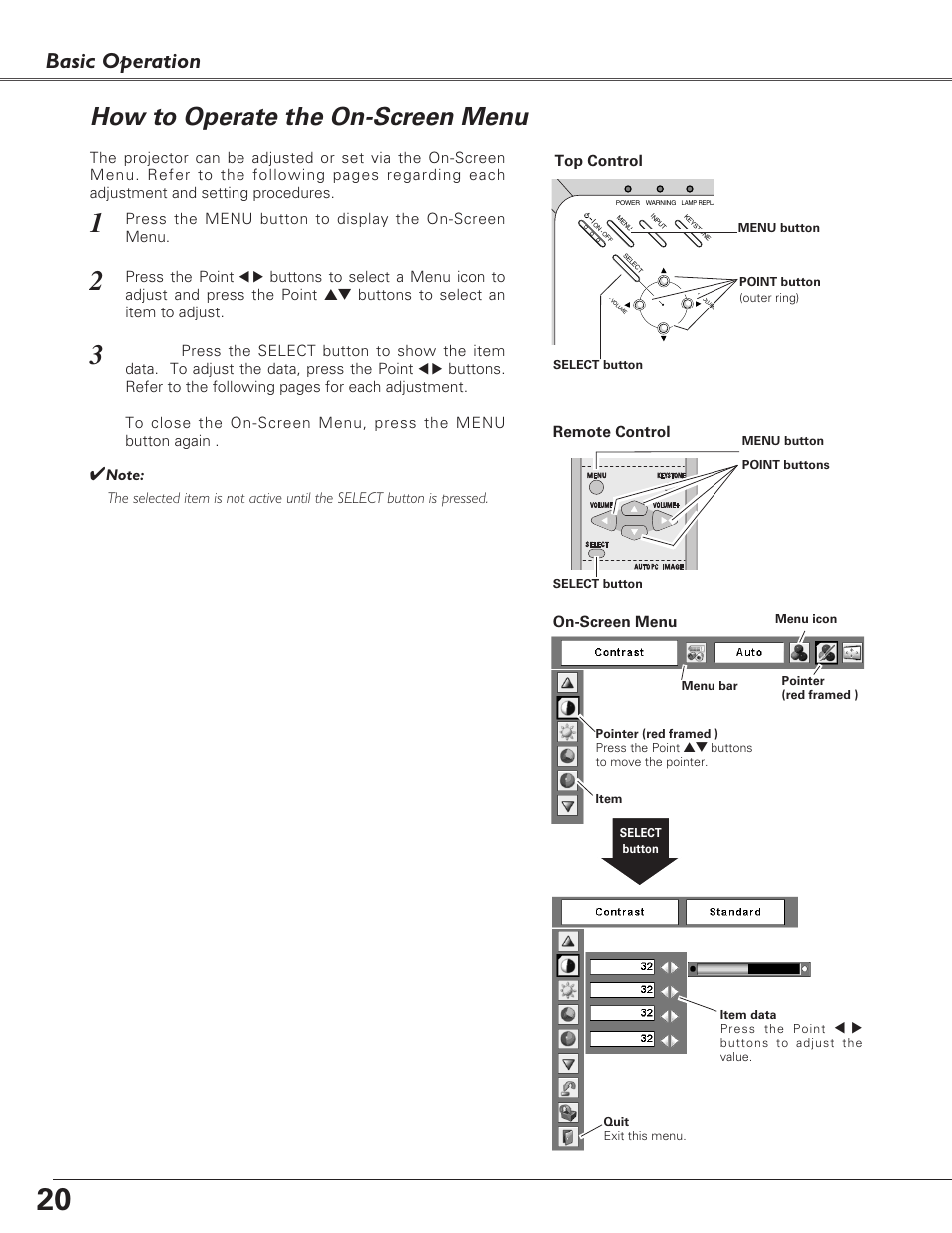 How to operate the on-screen, How to operate the on-screen menu, Basic operation | Eiki LC-XB23C User Manual | Page 20 / 64