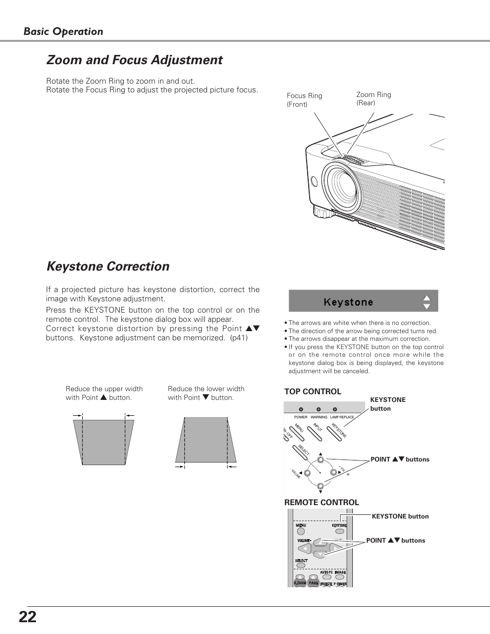 Zoom and focus adjustment, Keystone correction, Basic operation | Eiki LC-XB23C User Manual | Page 22 / 64