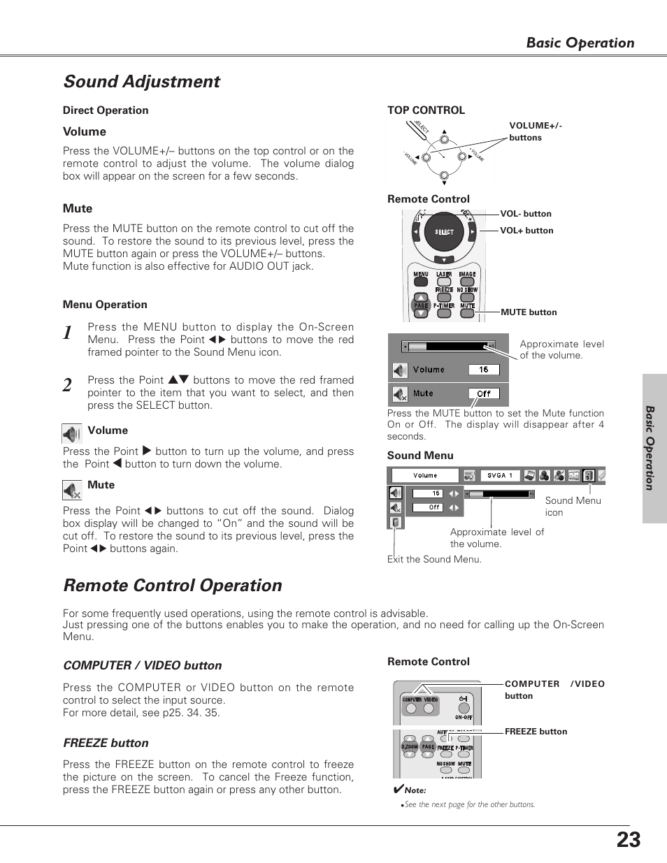 Sound adjustment, Remote control operation, Basic operation | Eiki LC-XB23C User Manual | Page 23 / 64