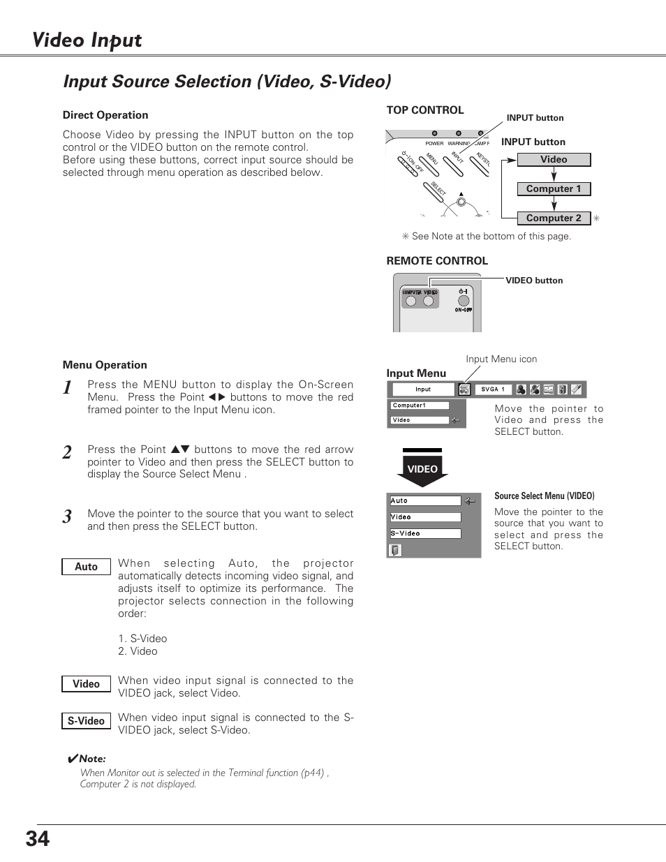 Video input, Input source selection (vide, Input source selection (video, s-video) | Eiki LC-XB23C User Manual | Page 34 / 64
