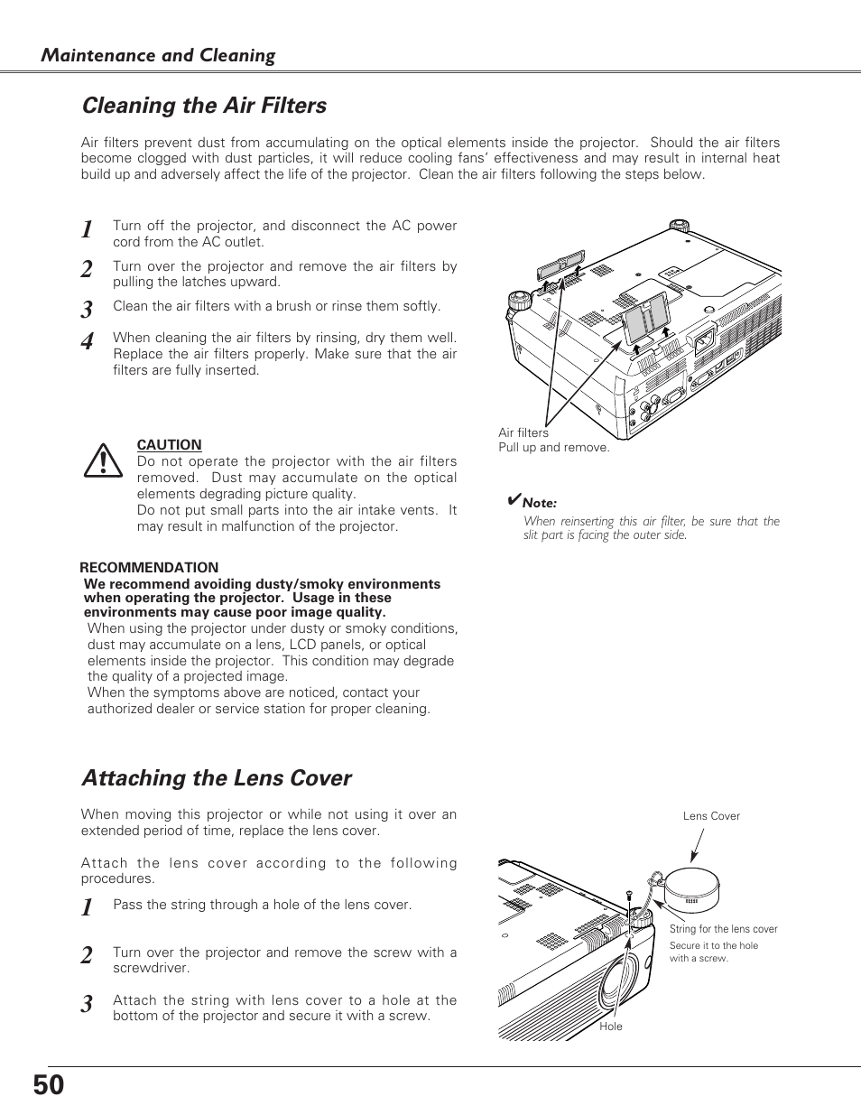 Cleaning the air filters, Attaching the lens cover, Attaching the lens cover cleaning the air filters | Eiki LC-XB23C User Manual | Page 50 / 64