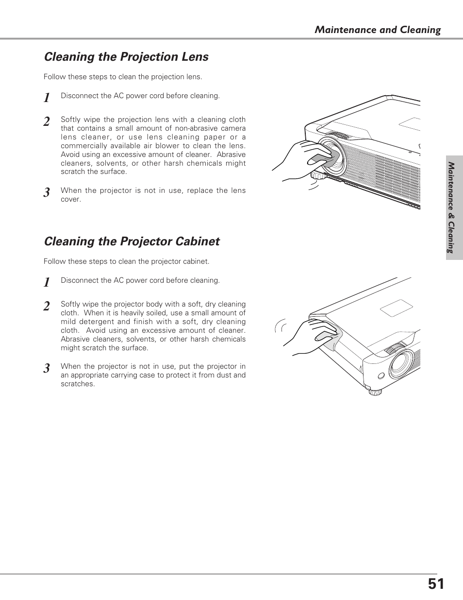 Cleaning the projection lens, Cleaning the projector cabinet | Eiki LC-XB23C User Manual | Page 51 / 64