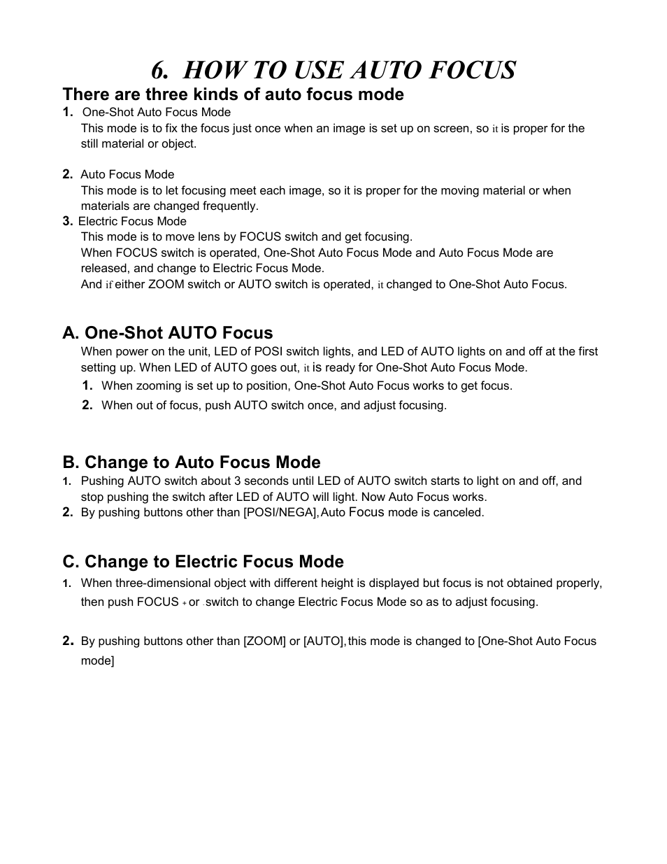 How to use auto focus, There are three kinds of auto focus mode, A. one-shot auto focus | B. change to auto focus mode, C. change to electric focus mode | Eiki Visual System Presenter V-2500 User Manual | Page 12 / 16