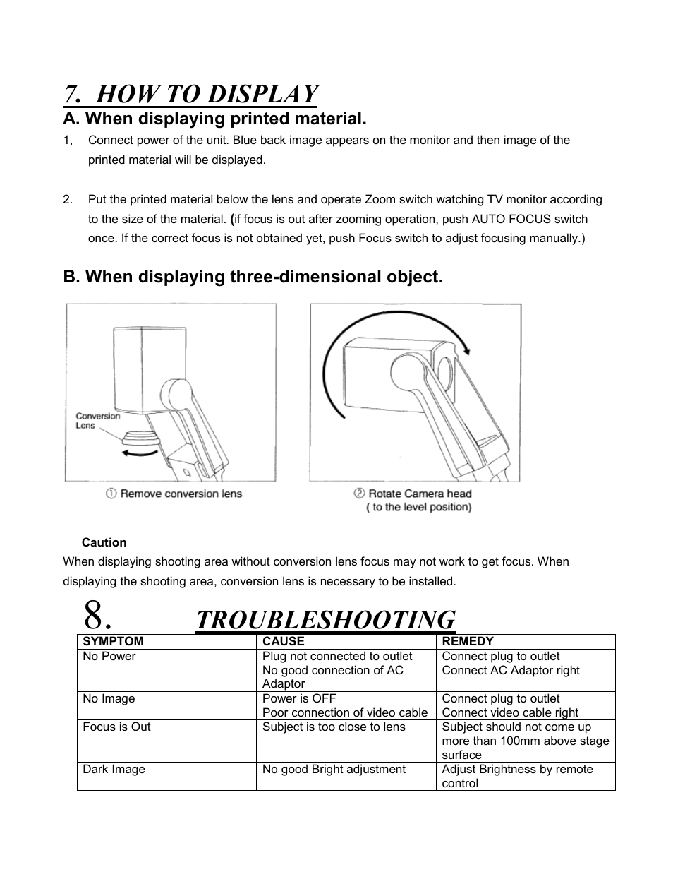 How to display, Troubleshooting, A. when displaying printed material | B. when displaying three-dimensional object | Eiki Visual System Presenter V-2500 User Manual | Page 13 / 16
