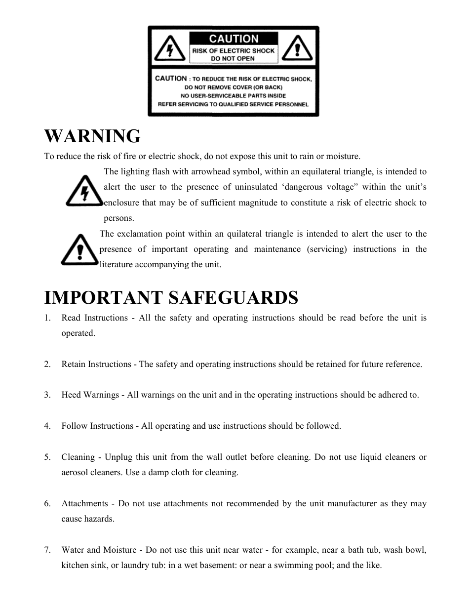 Safety, Warning, Important safeguards | Eiki Visual System Presenter V-2500 User Manual | Page 2 / 16