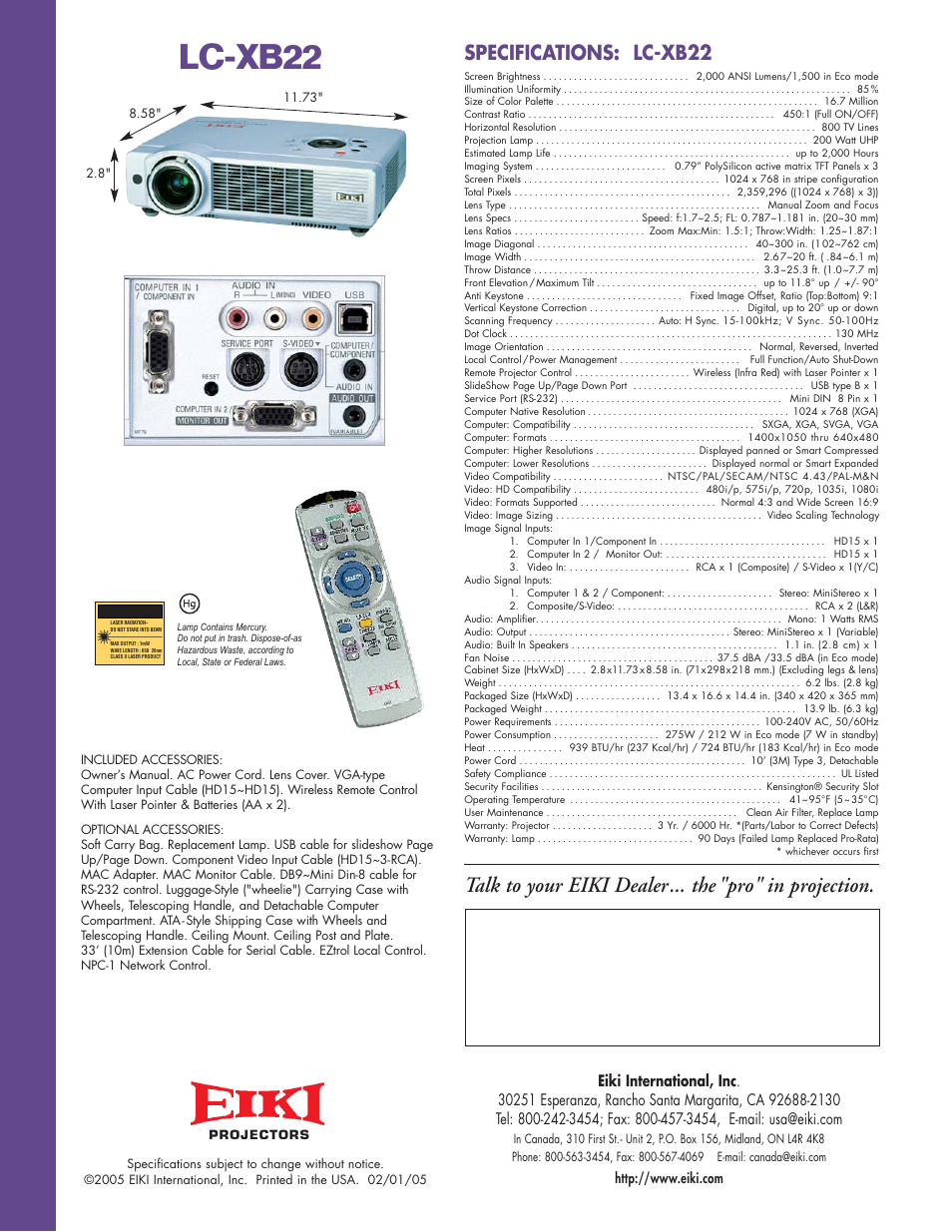 Lc-xb22, Specifications: lc-xb22 | Eiki LC-XB22 User Manual | Page 2 / 2