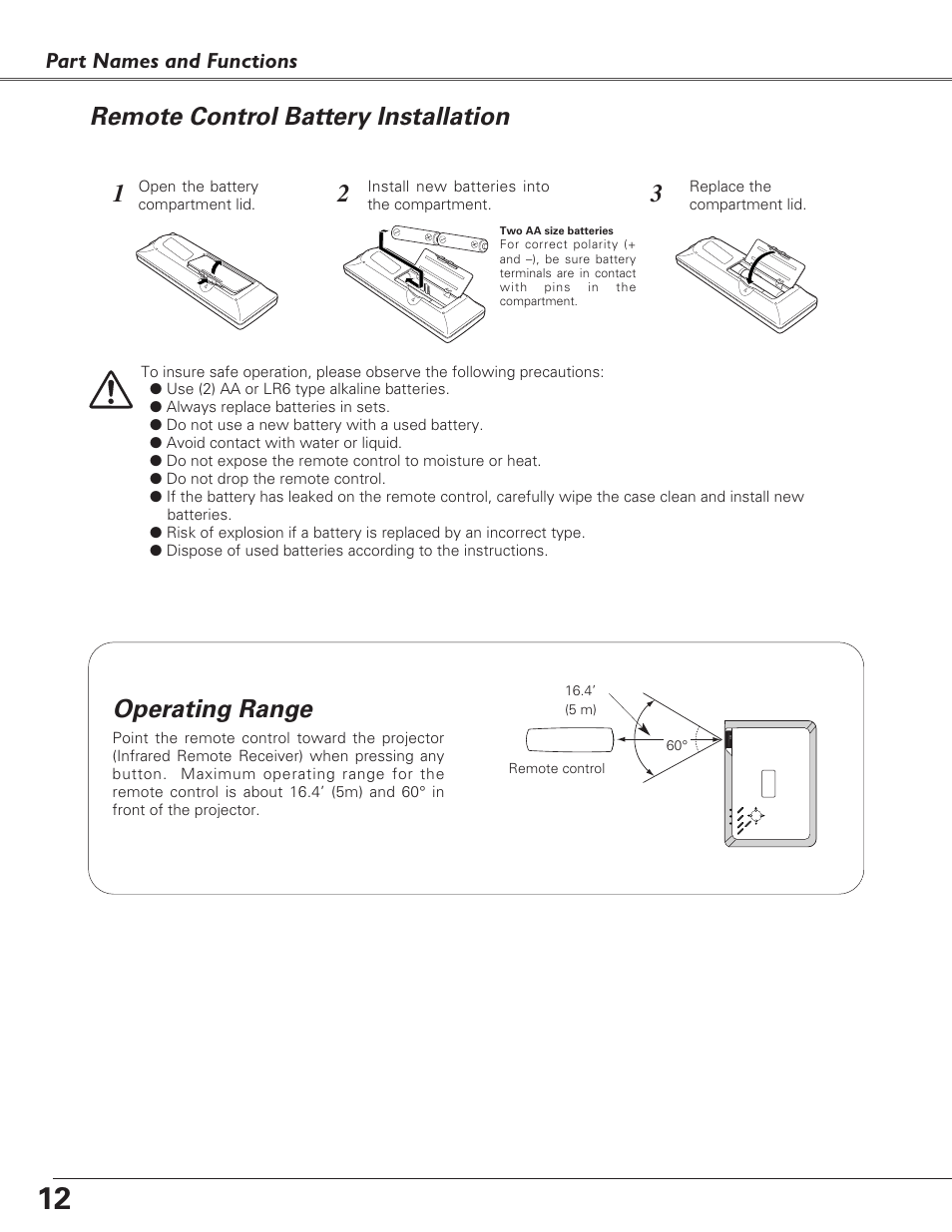 Remote control battery insta, Operating range, Remote control battery installation | Part names and functions | Eiki LC-XB23 User Manual | Page 12 / 64