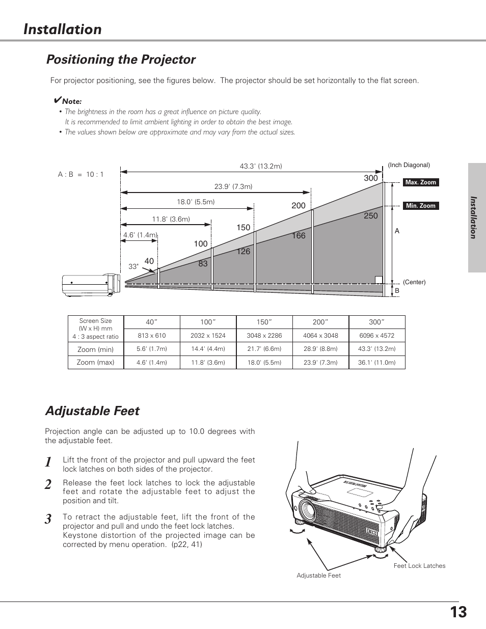 Installation, Positioning the projector, Adjustable feet | Eiki LC-XB23 User Manual | Page 13 / 64