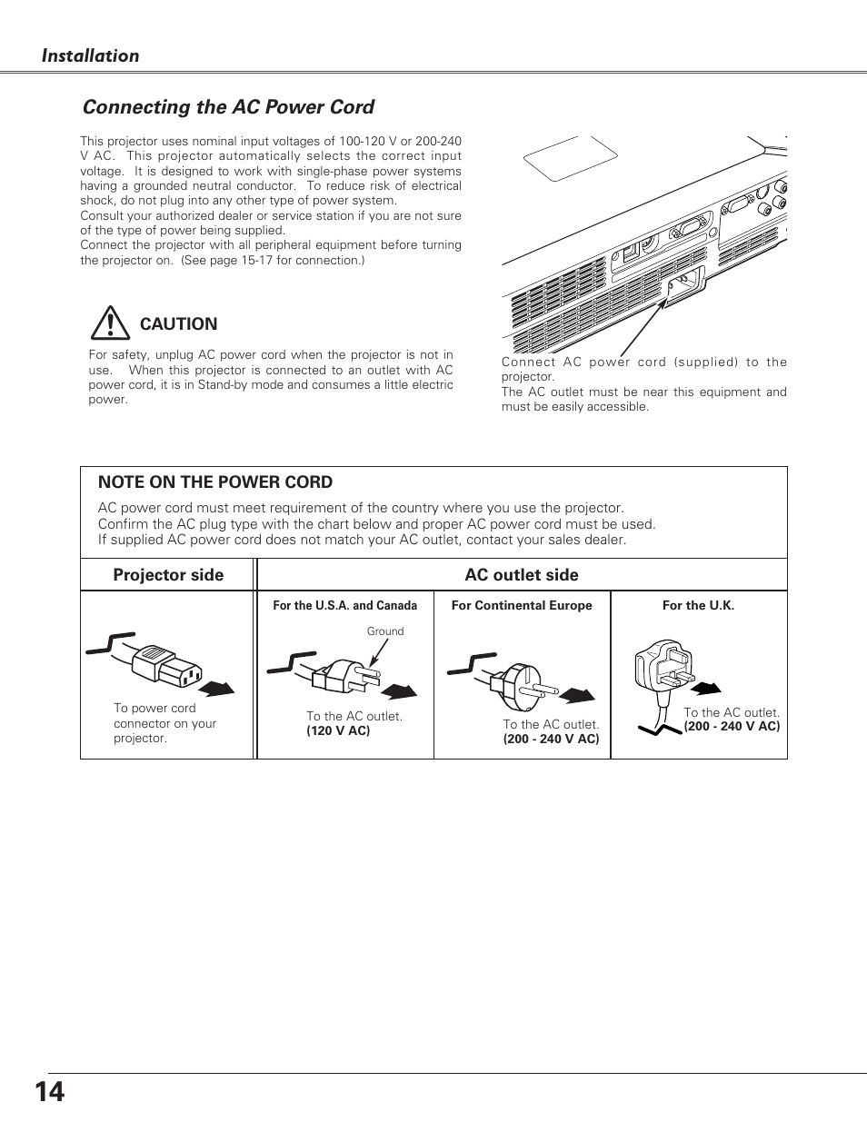 Connecting the ac power cord, Installation | Eiki LC-XB23 User Manual | Page 14 / 64