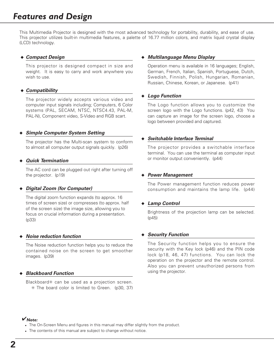 Features and design, 2features and design | Eiki LC-XB23 User Manual | Page 2 / 64