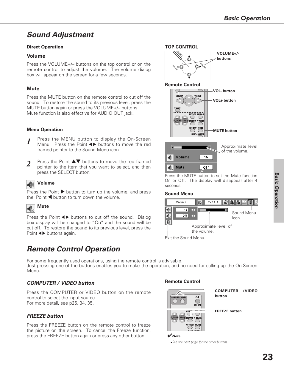 Sound adjustment, Remote control operation, Basic operation | Eiki LC-XB23 User Manual | Page 23 / 64