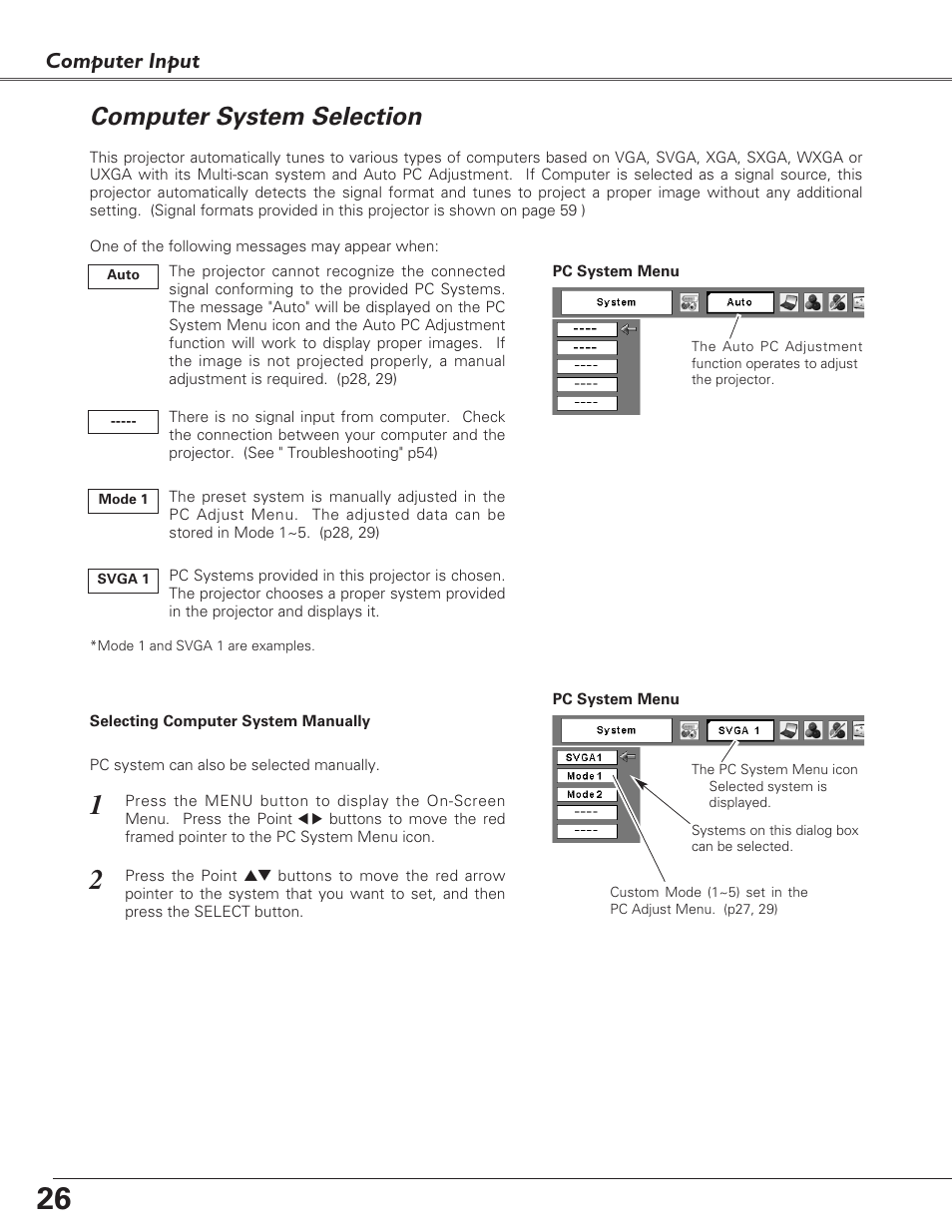 Computer system selection, Computer input | Eiki LC-XB23 User Manual | Page 26 / 64