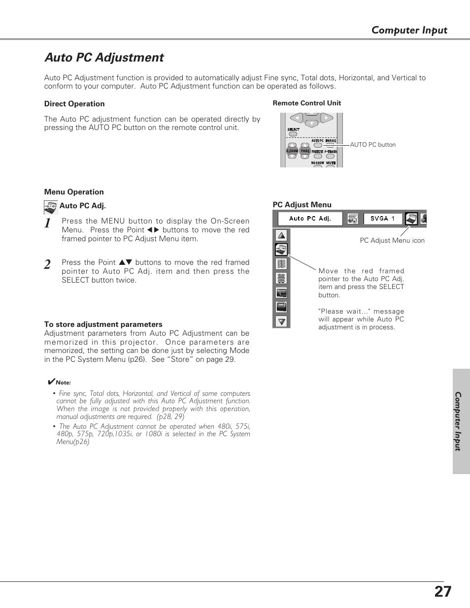 Auto pc adjustment, Computer input | Eiki LC-XB23 User Manual | Page 27 / 64