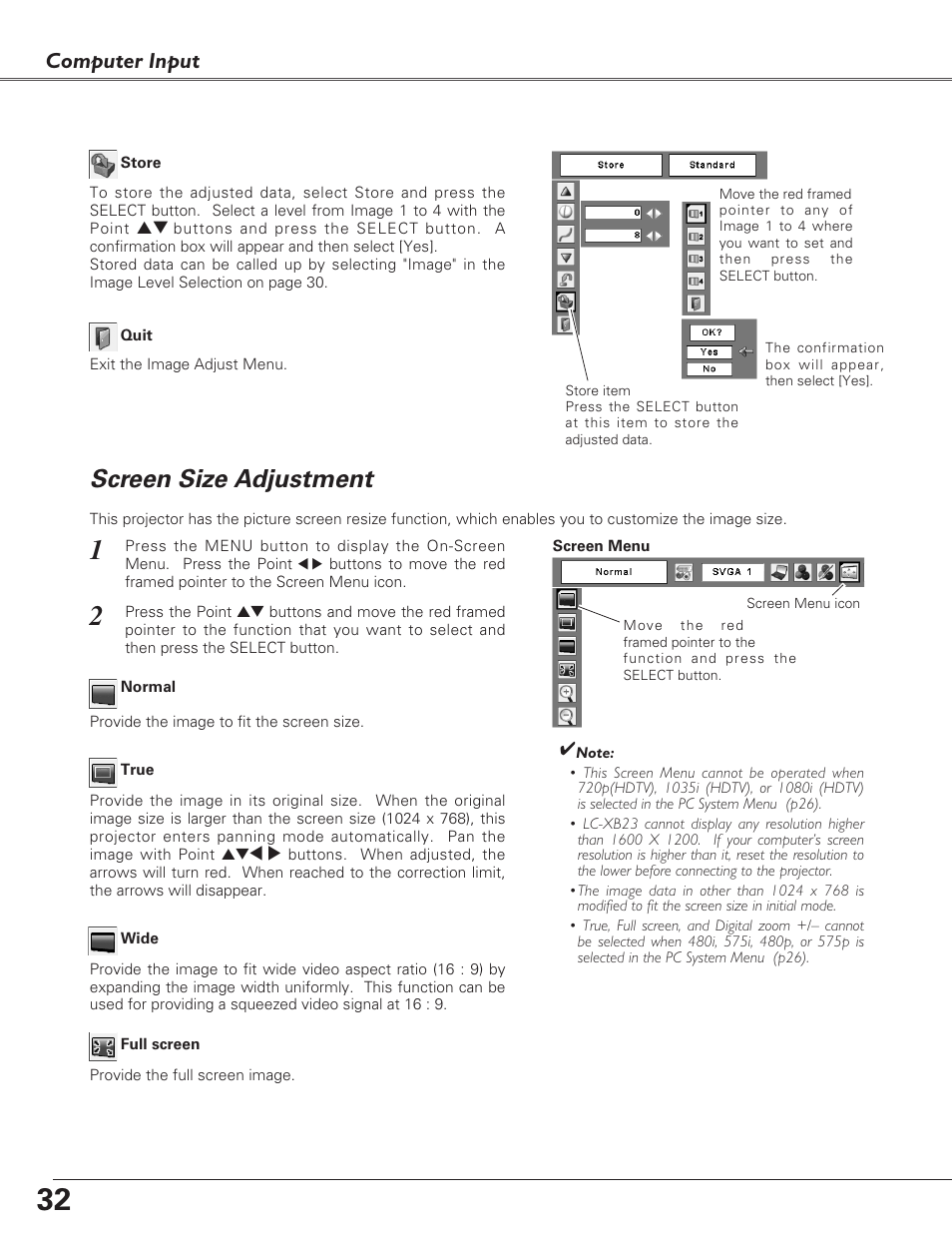 Screen size adjustment, Computer input | Eiki LC-XB23 User Manual | Page 32 / 64