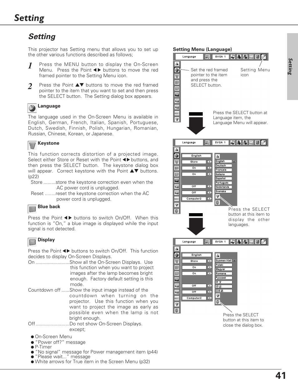 Setting | Eiki LC-XB23 User Manual | Page 41 / 64