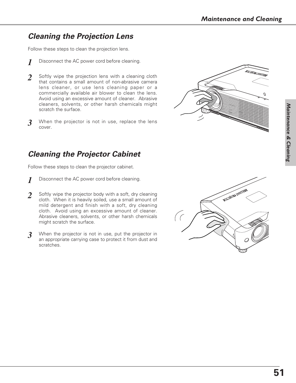 Cleaning the projection lens, Cleaning the projector cabinet | Eiki LC-XB23 User Manual | Page 51 / 64