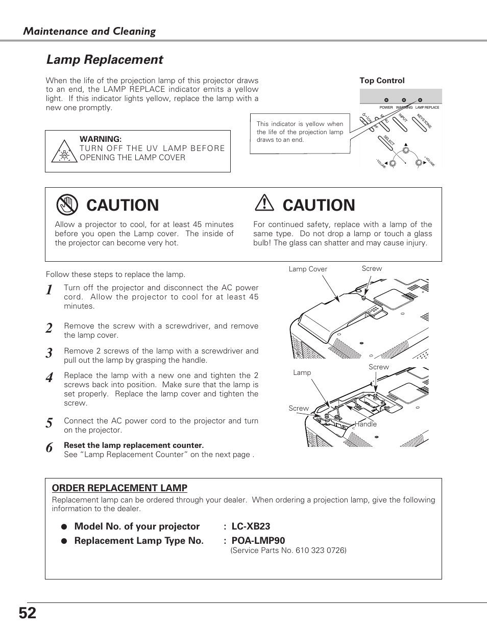 Lamp replacement, Caution, Maintenance and cleaning | Eiki LC-XB23 User Manual | Page 52 / 64