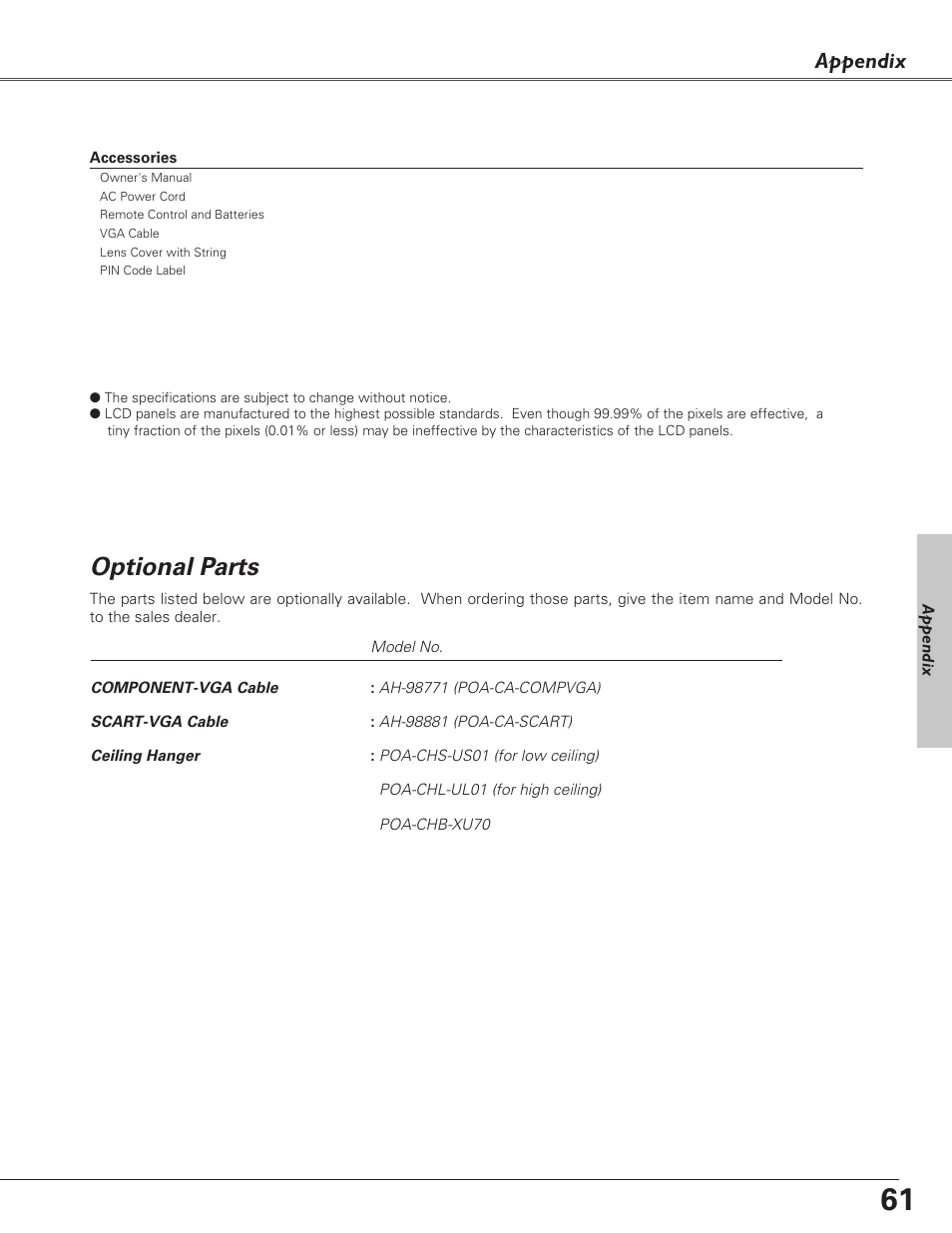 Optional parts, Appendix | Eiki LC-XB23 User Manual | Page 61 / 64