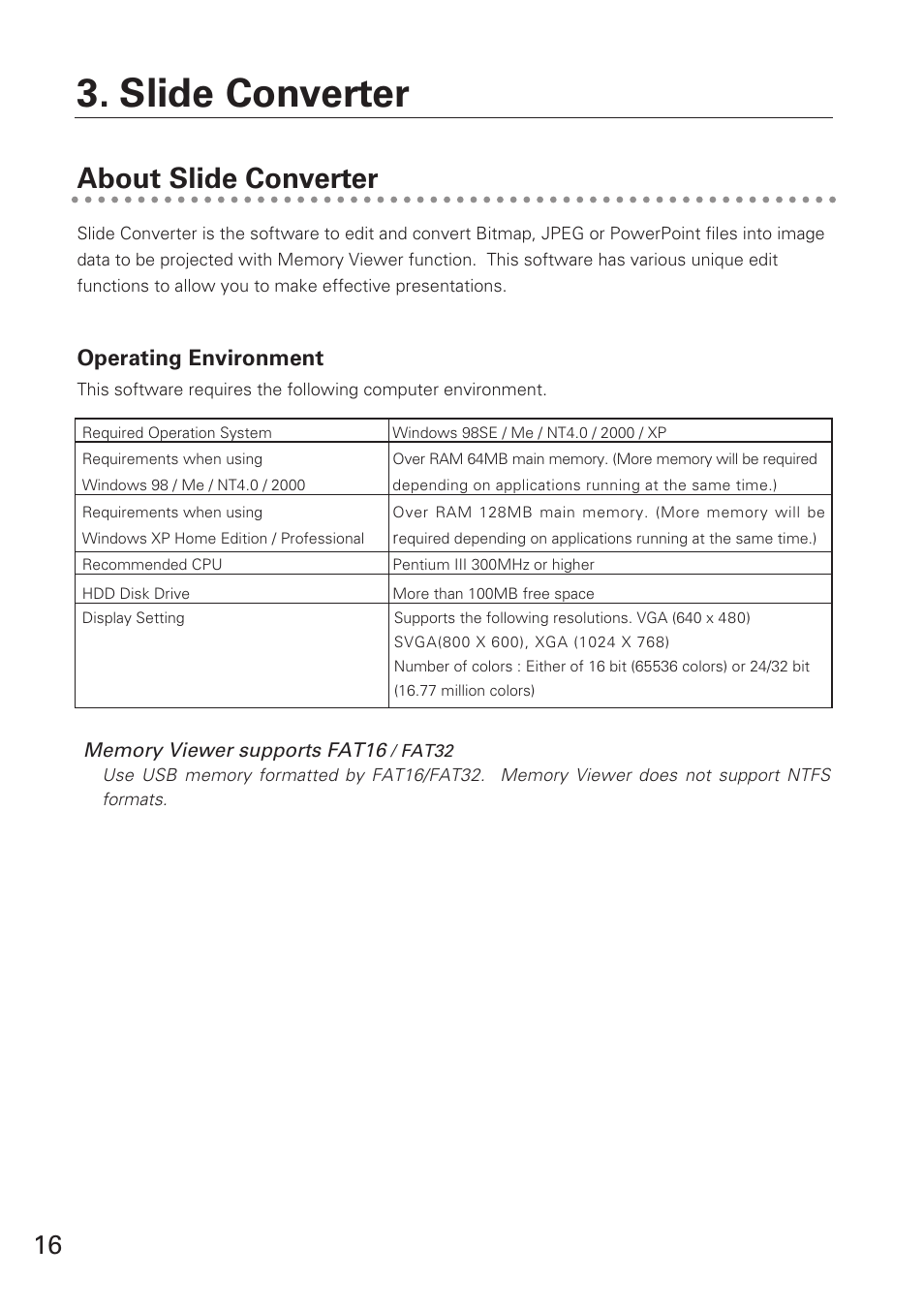 About slide converter, Slide converter, Operating environment | Eiki USB Memory WL-10 User Manual | Page 16 / 26