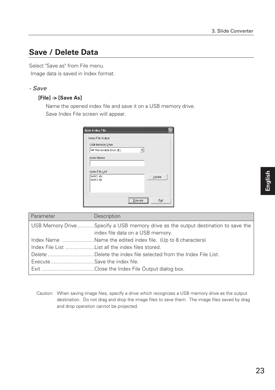 Save / delete data, 23 save / delete data | Eiki USB Memory WL-10 User Manual | Page 23 / 26