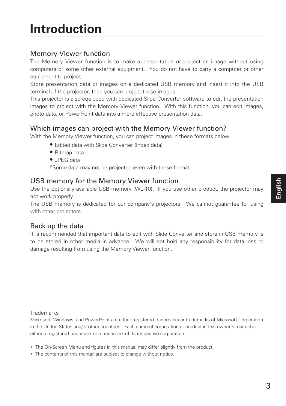 Introduction | Eiki USB Memory WL-10 User Manual | Page 3 / 26