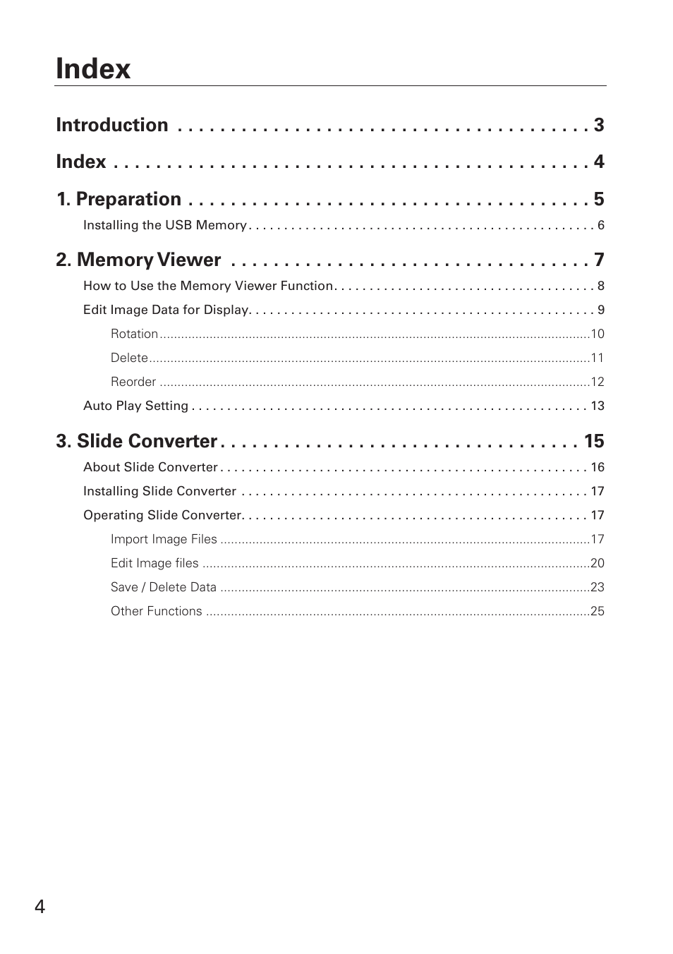 Index, Introduction index 1. preparation, Slide converter | Eiki USB Memory WL-10 User Manual | Page 4 / 26