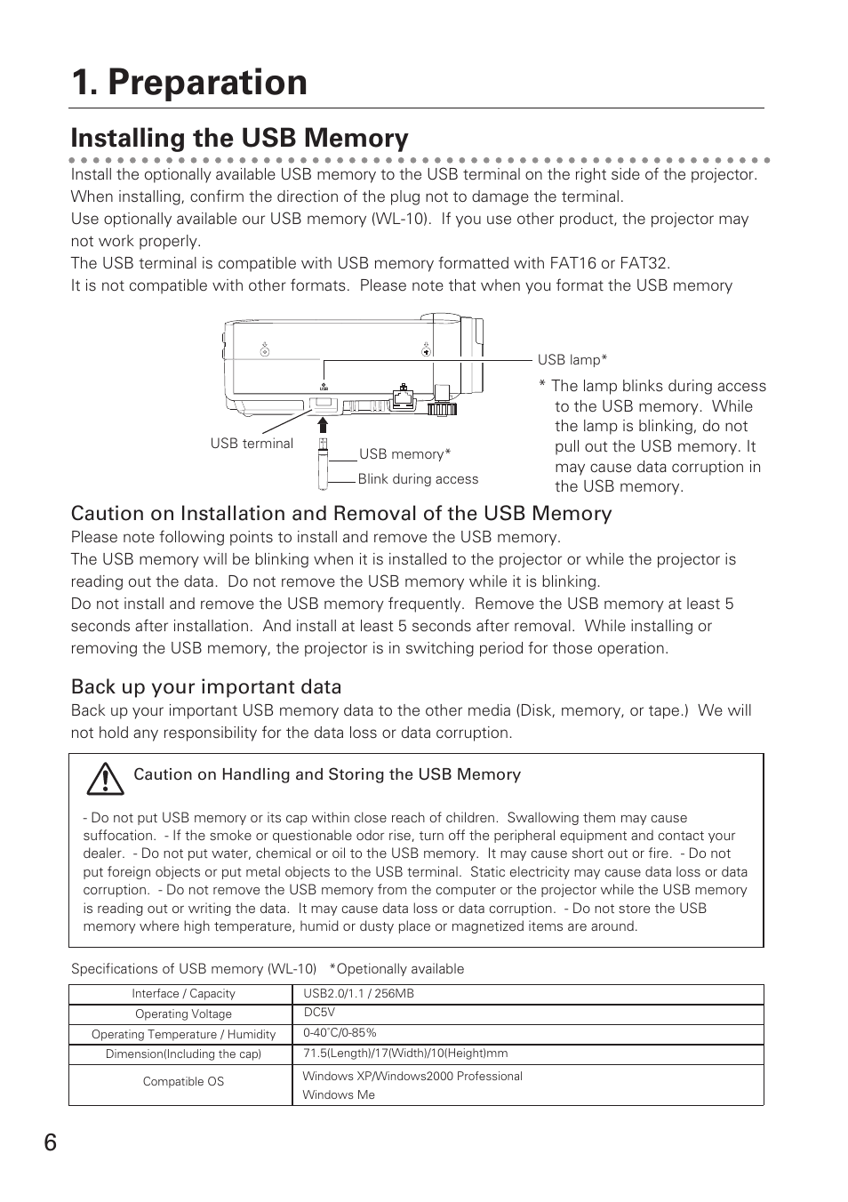 Installing the usb memory, Preparation, Back up your important data | Eiki USB Memory WL-10 User Manual | Page 6 / 26