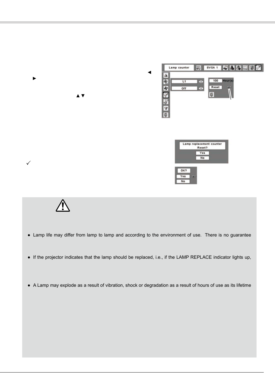 Lamp replacement counter, Lamp handling precautions | Eiki LC-XB21B User Manual | Page 55 / 68