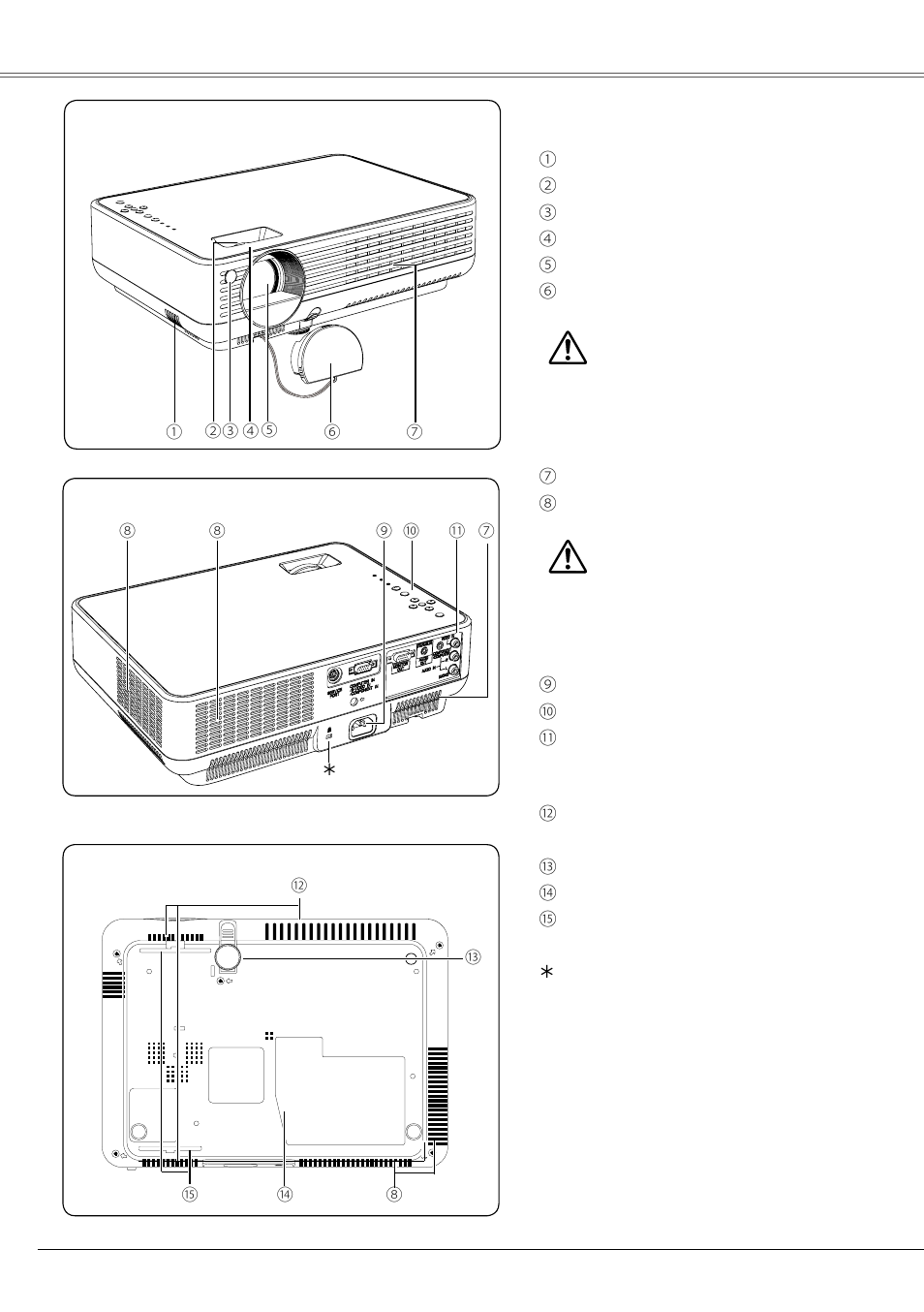 Part names and functions, Front, Back | Bottom, 8part names and functions | Eiki LC-XB21B User Manual | Page 8 / 68
