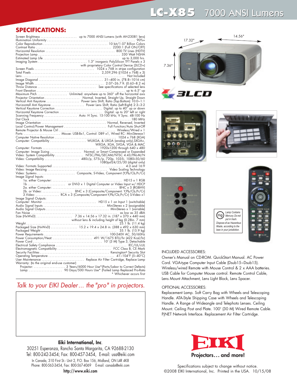 Lc-x85, 7000 ansi lumens, Specifications | Eiki LC-X85 User Manual | Page 2 / 2