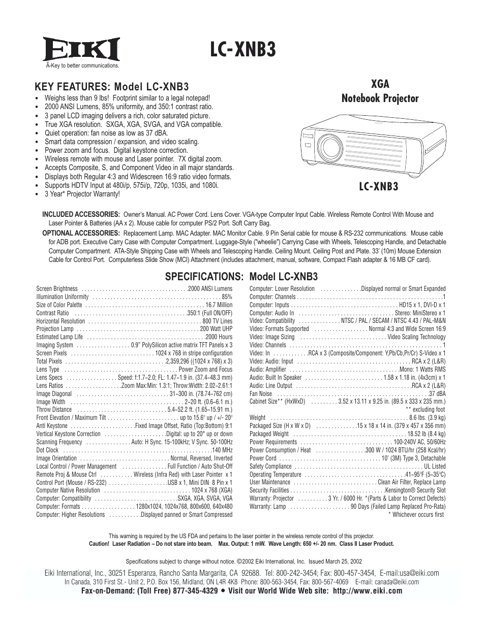 Eiki LC XNB3 LC-XNB3 User Manual | 1 page