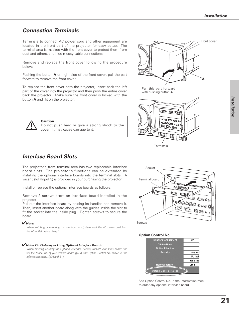 Connection terminals, Interface board slots | Eiki LC-X6 User Manual | Page 21 / 84