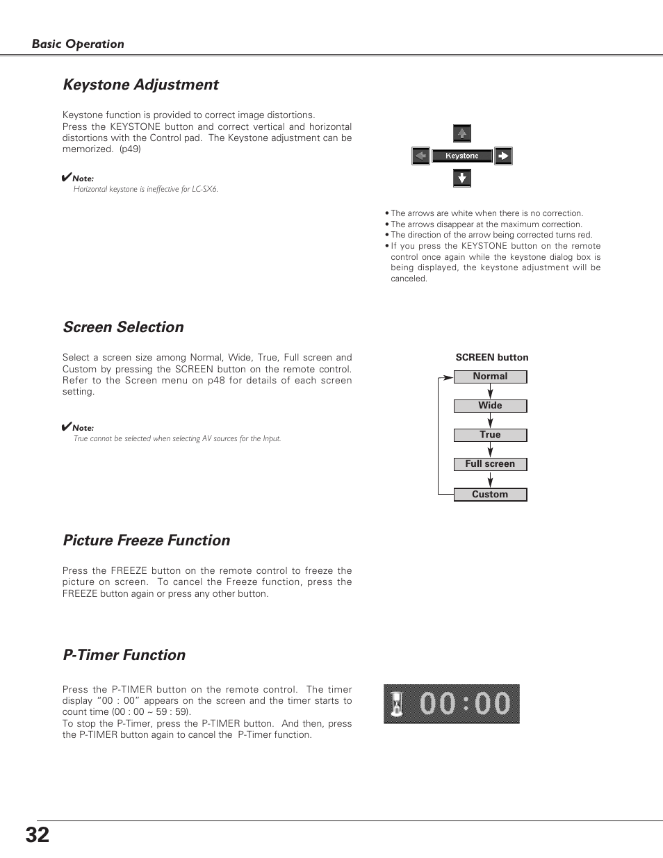 Keystone adjustment, Screen selection, Picture freeze function | P-timer function | Eiki LC-X6 User Manual | Page 32 / 84