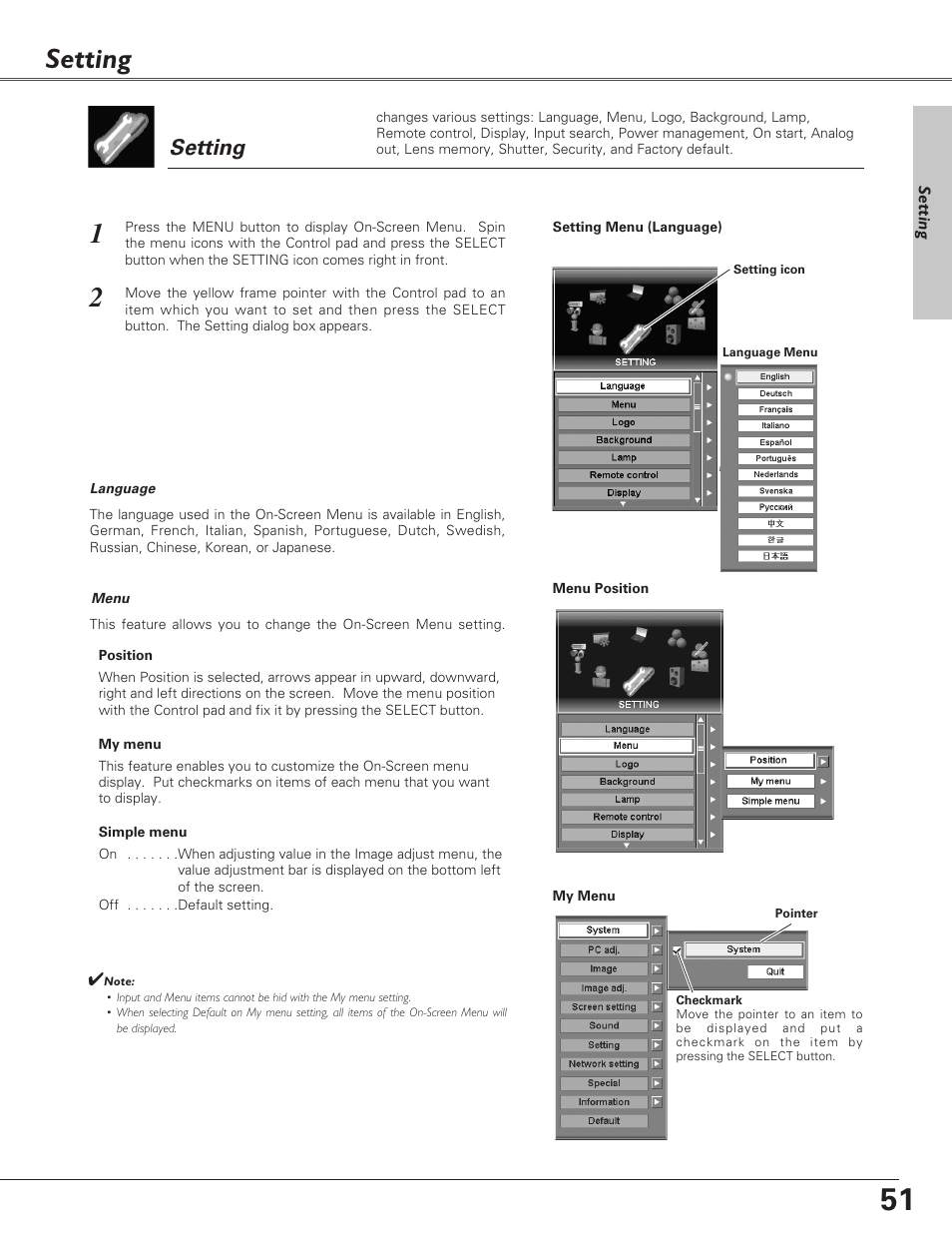 Setting | Eiki LC-X6 User Manual | Page 51 / 84