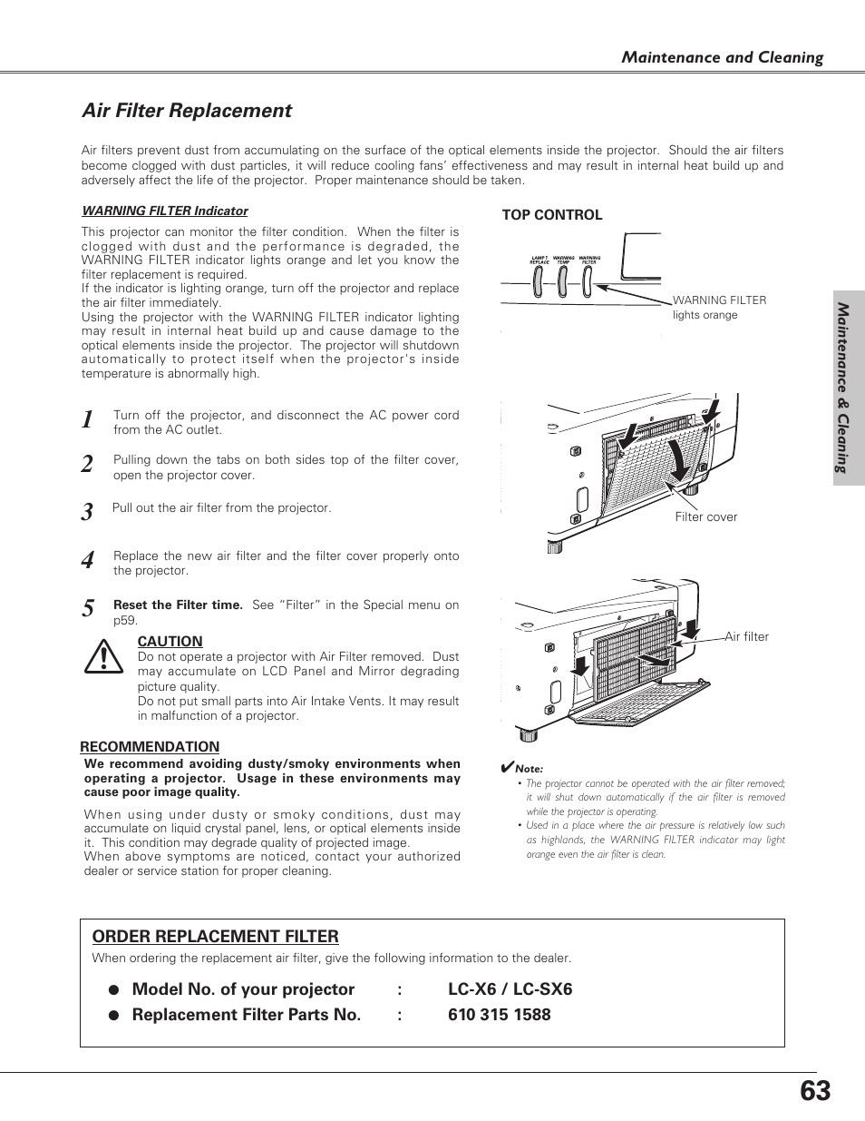 Air filter replacement | Eiki LC-X6 User Manual | Page 63 / 84