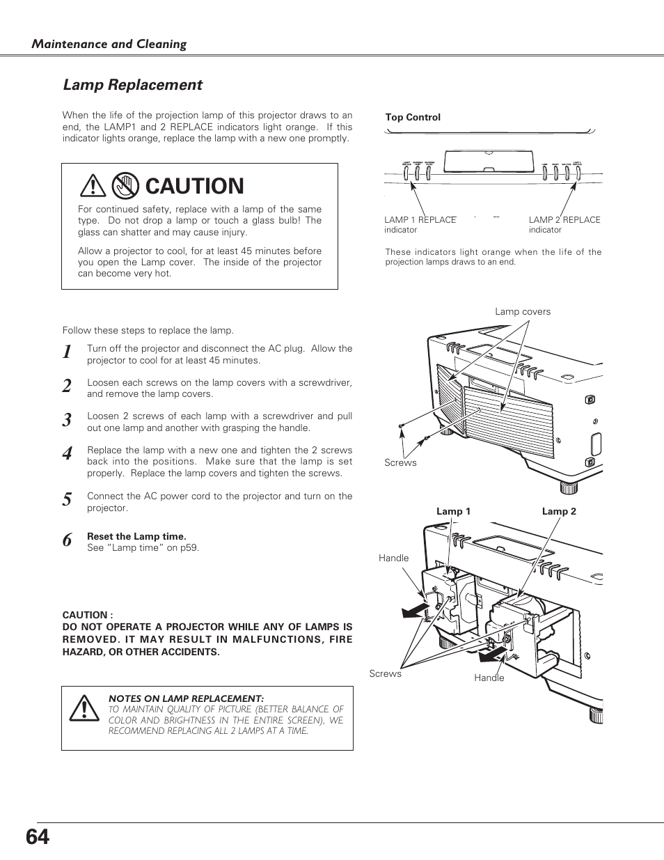 Lamp replacement, Caution | Eiki LC-X6 User Manual | Page 64 / 84