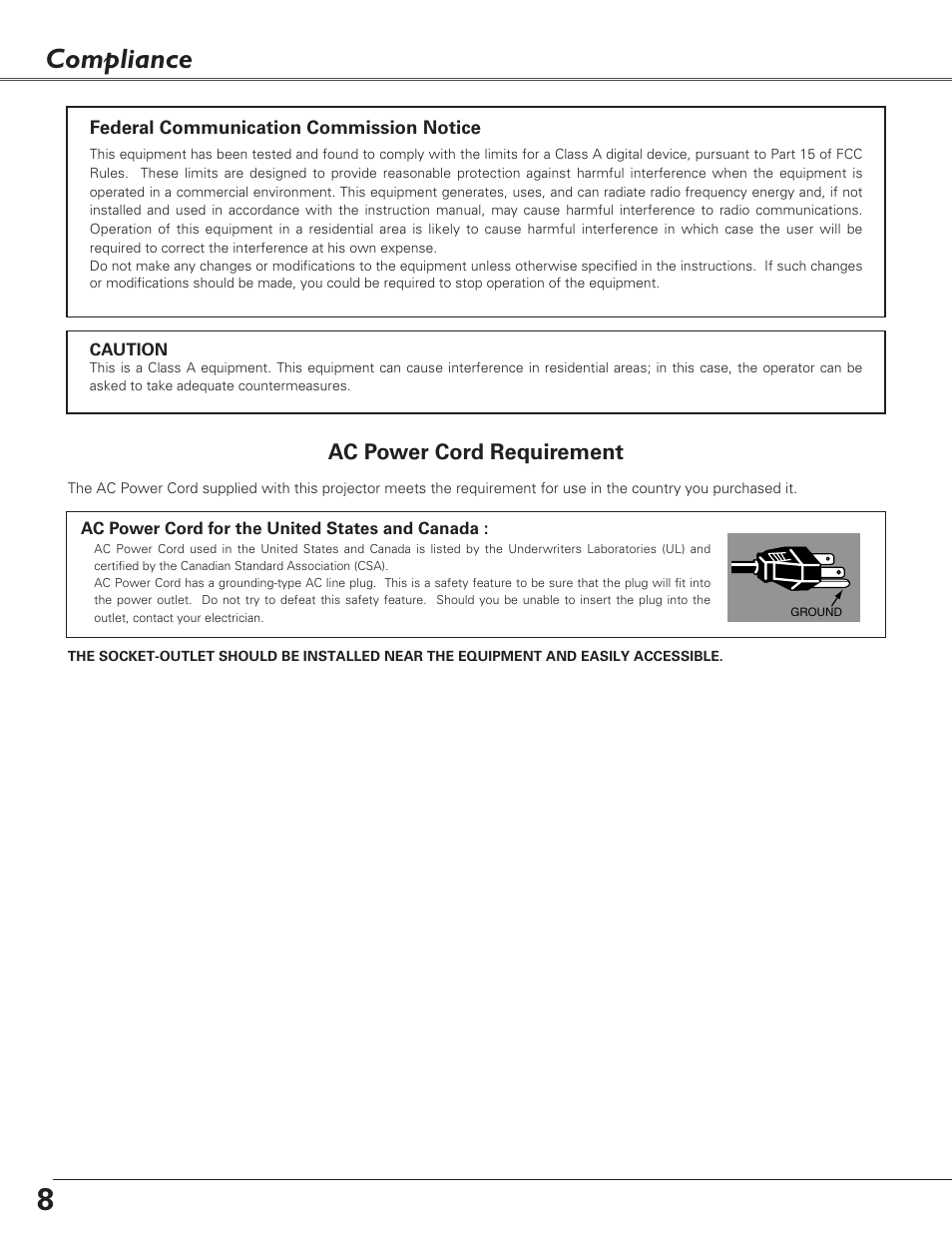 Compliance, Ac power cord requirement | Eiki LC-X6 User Manual | Page 8 / 84