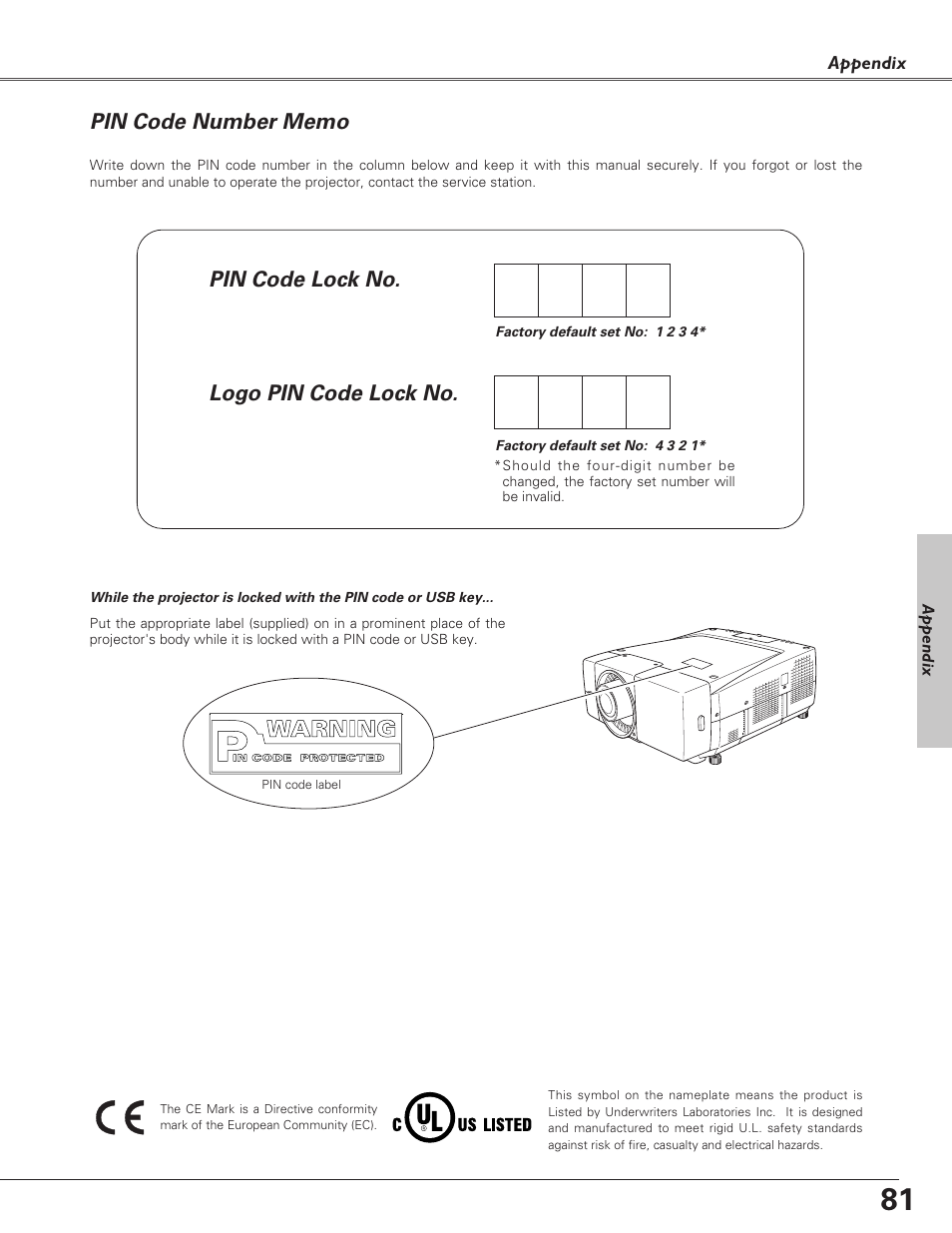 Pin code number memo | Eiki LC-X6 User Manual | Page 81 / 84