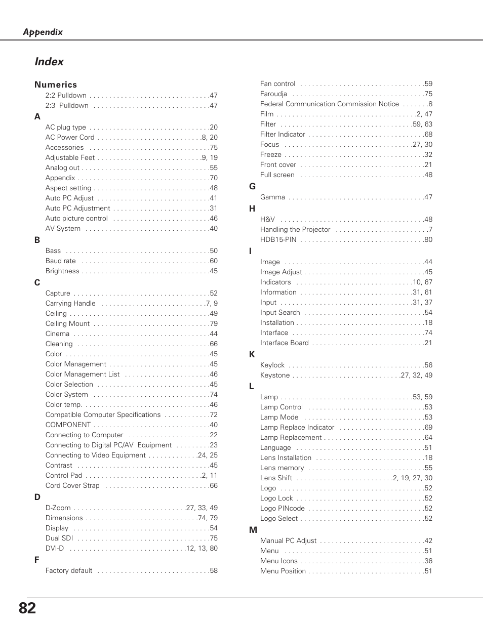 Index | Eiki LC-X6 User Manual | Page 82 / 84