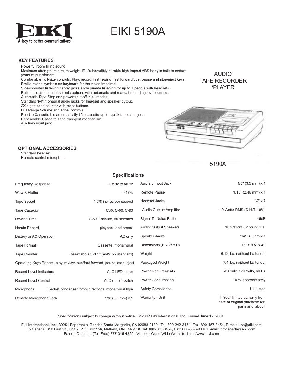 Eiki 5190A User Manual | 1 page