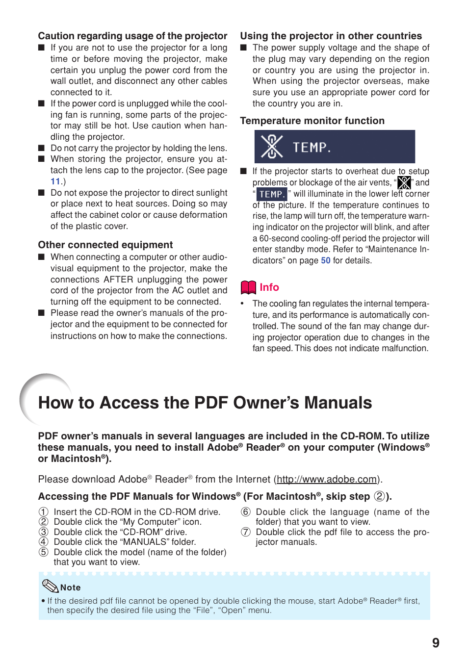 How to access the pdf owner’s manuals, How to access the pdf owner’s, Manuals | Eiki EIP-250 User Manual | Page 11 / 70