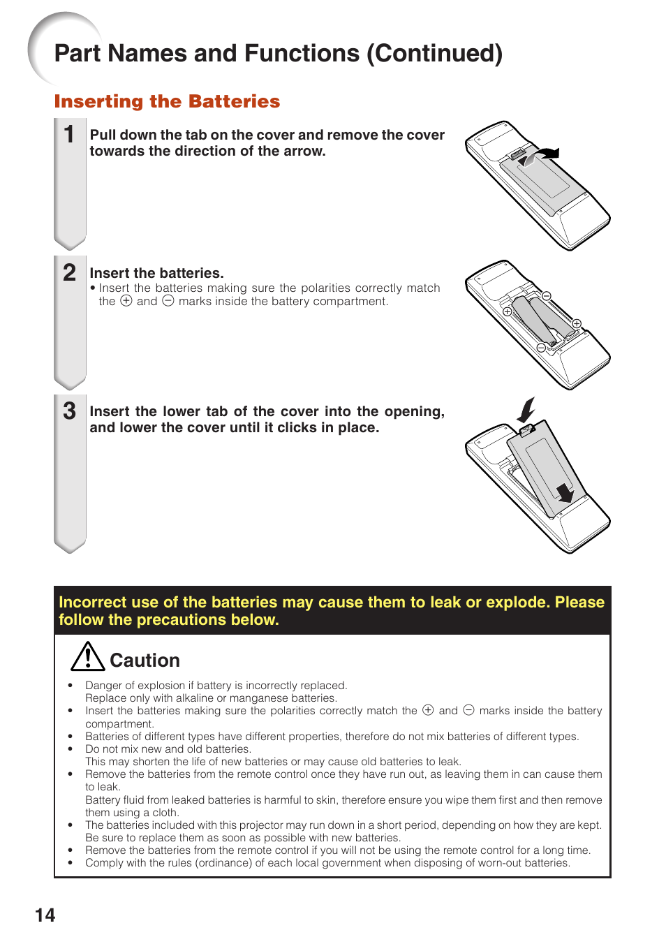 Inserting the batteries, Part names and functions (continued), Caution | Eiki EIP-250 User Manual | Page 16 / 70